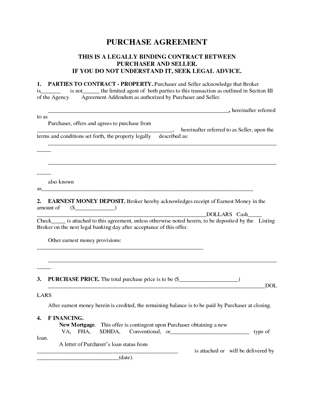 Simple Purchase Agreement Template Printable Home Purchase Agreement