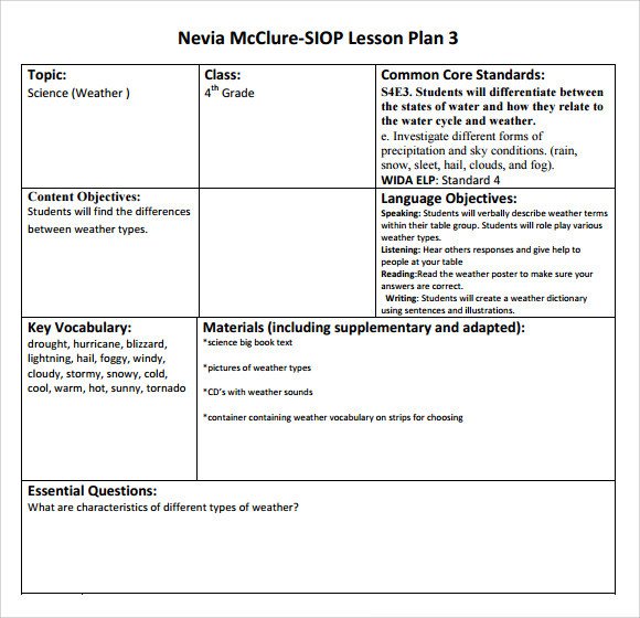 Siop Lesson Plan Template 1 Sample Siop Lesson Plan 9 Documents In Pdf Word