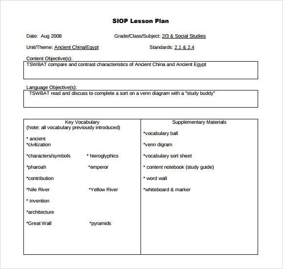 Siop Lesson Plan Template 1 Sample Siop Lesson Plan 9 Documents In Pdf Word