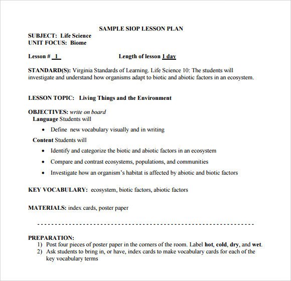 Siop Lesson Plan Template 1 Sample Siop Lesson Plan Templates – 10 Free Examples