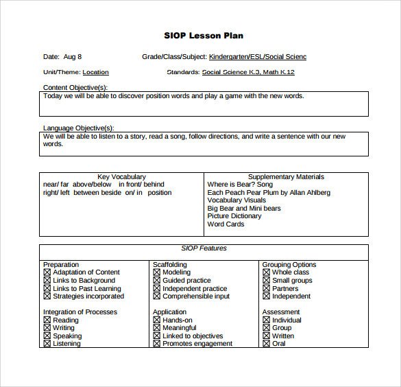 Siop Lesson Plan Template 1 Sample Siop Lesson Plan Templates – 10 Free Examples