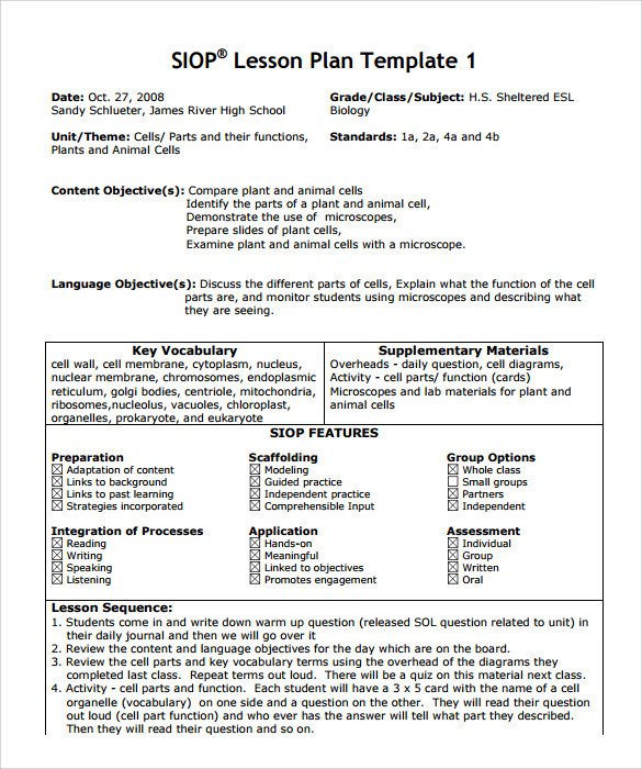 Siop Lesson Plan Template 2 Siop Lesson Plan Templates – 9 Examples In Pdf Word format