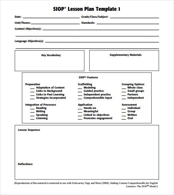 Siop Lesson Plan Template Sample Siop Lesson Plan 9 Documents In Pdf Word