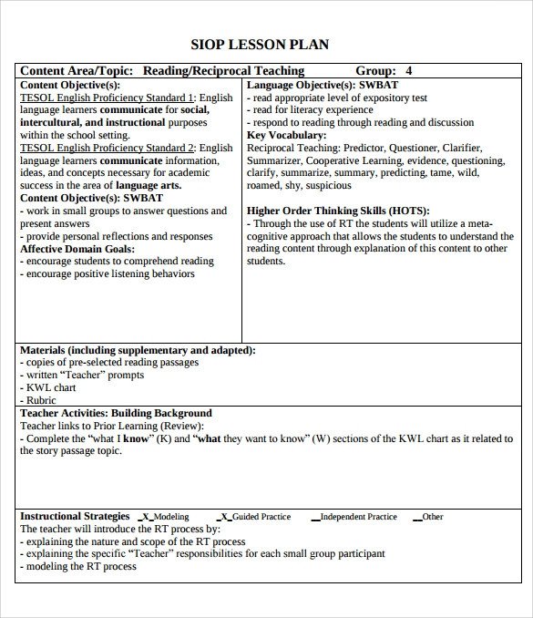 Siop Lesson Plan Template Siop Lesson Plan Templates – 9 Examples In Pdf Word format