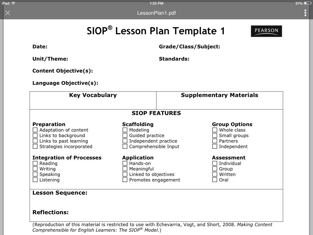 Siop Model Lesson Plan Template Siop Lesson Plan Template 1
