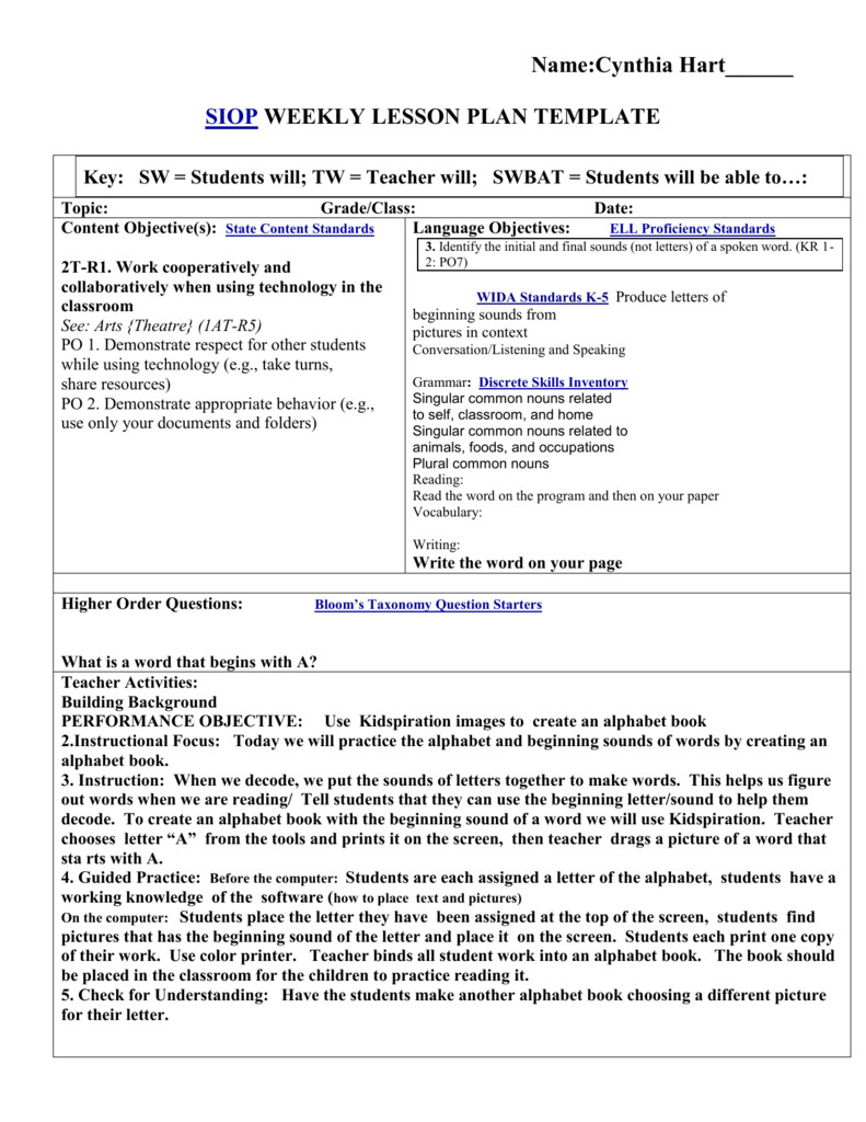 Siop Model Lesson Plan Template Siop Lesson Plan Template