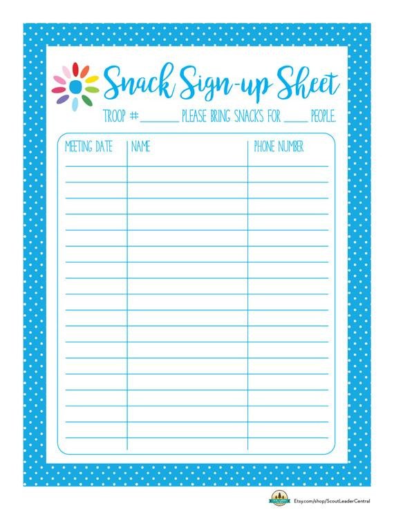 Snack Sign Up Sheet Template Instant Download Daisy Girl Scout Snack by Scoutleadercentral