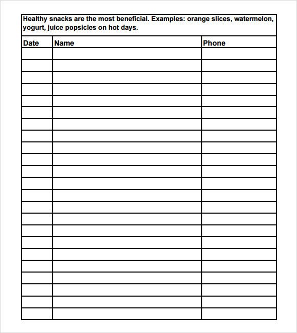Snack Sign Up Sheet Template Sample Sign Up Sheet 13 Example format