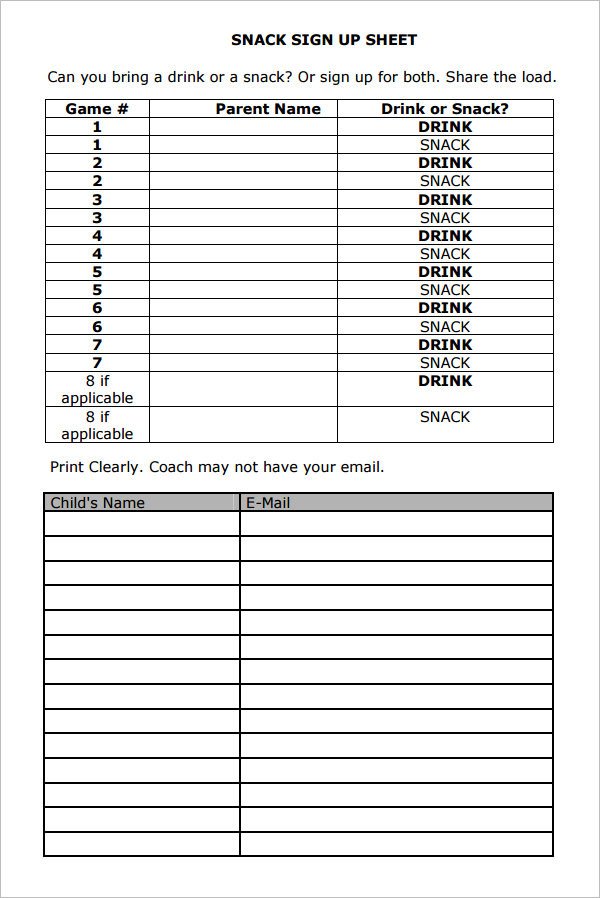 Snack Sign Up Sheet Template Sign Up Sheet Template 13 Download Free Documents In
