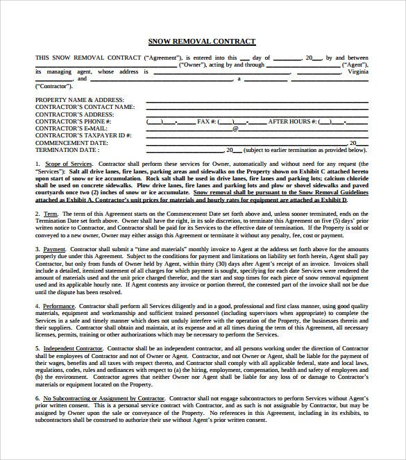 Snow Removal Contract Sample Snow Plowing Contract Template 6 Download Free