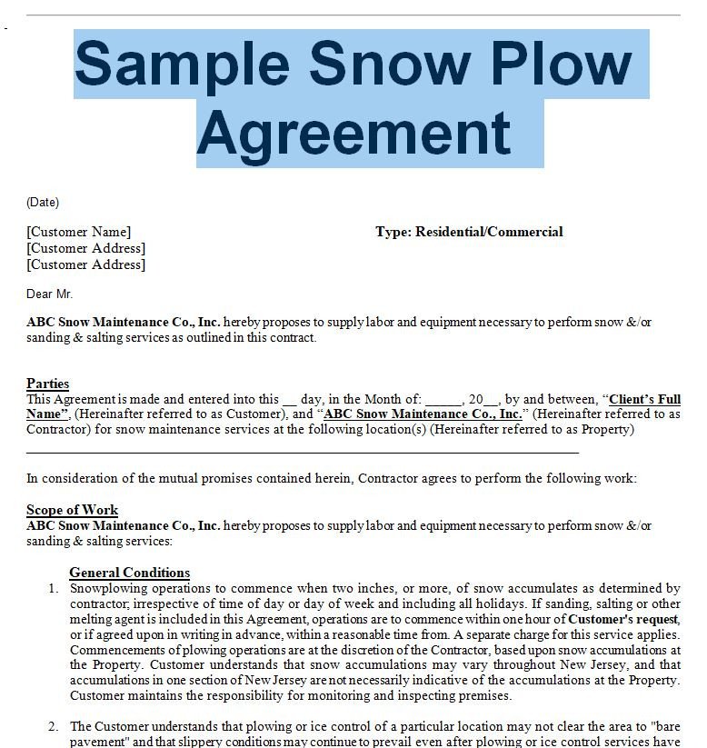 Snow Removal Contract Sample Snow Removal Agreement and Contract