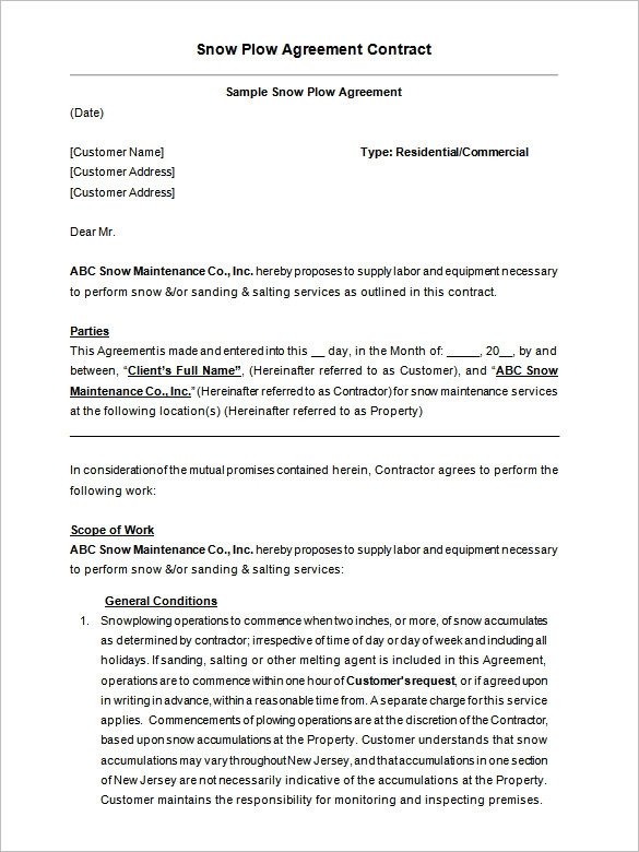 Snow Removal Contract Template 20 Snow Plowing Contract Templates Google Docs Pdf