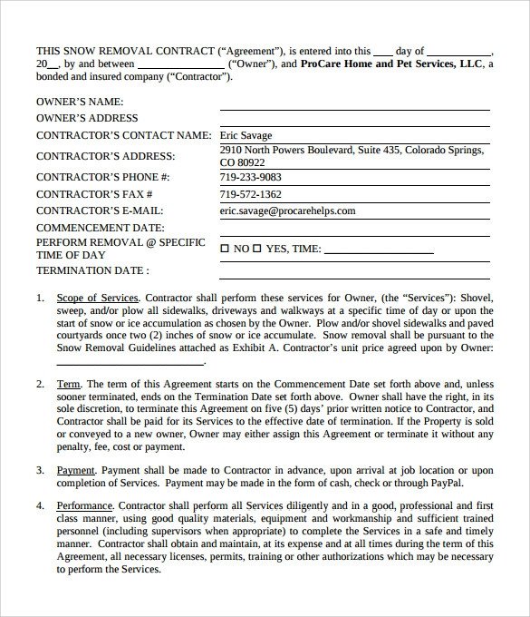 Snow Removal Contract Templates Snow Plowing Contract Template 6 Download Documents In