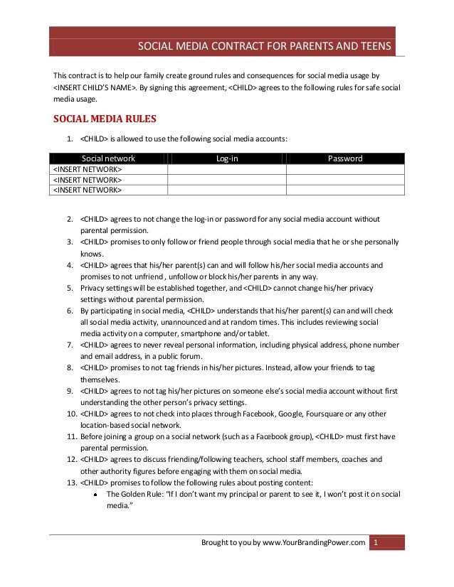 Social Media Contracts Templates social Media Contract for Parents and Teens