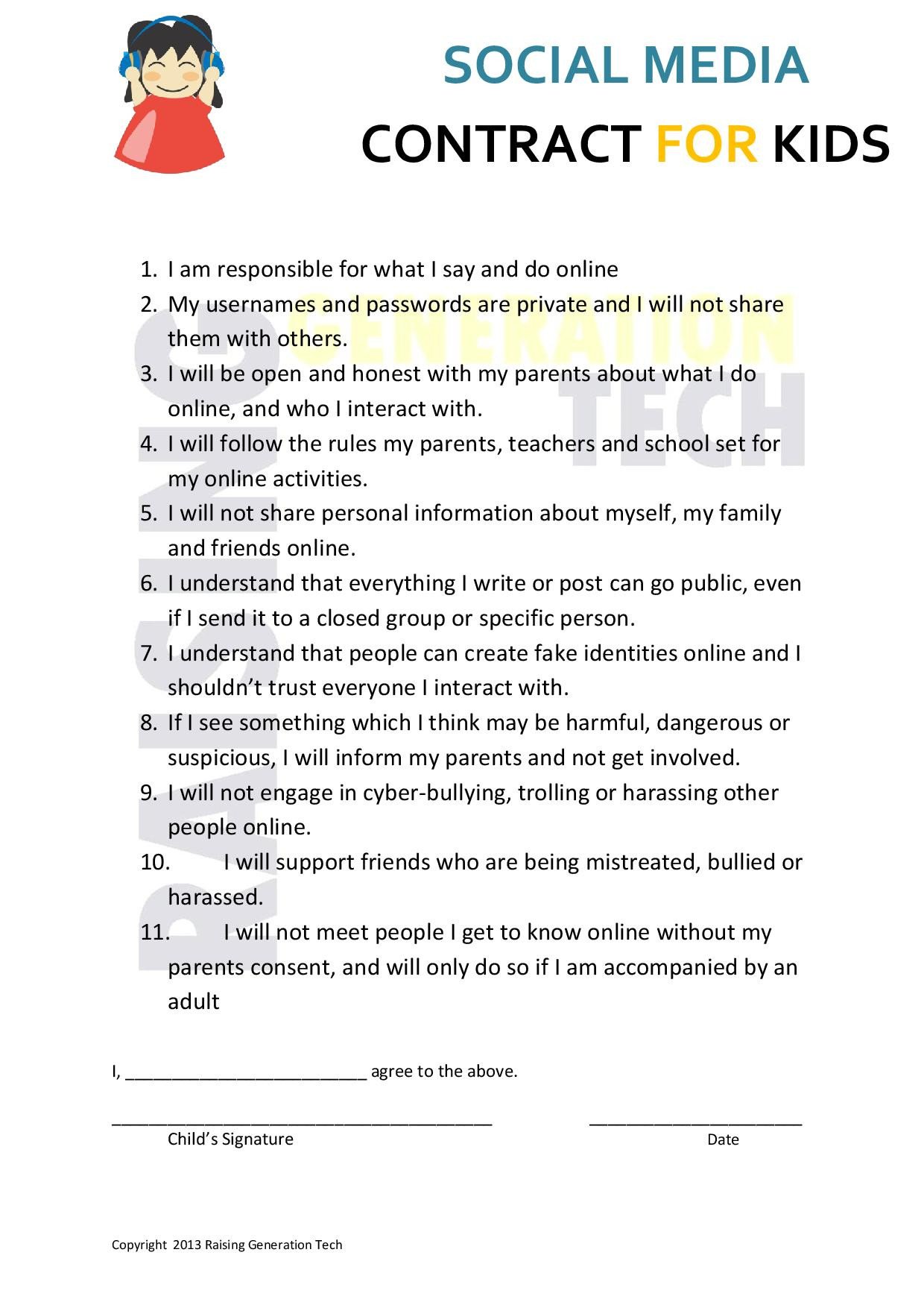 Social Media Contracts Templates social Media Contracts for Kids