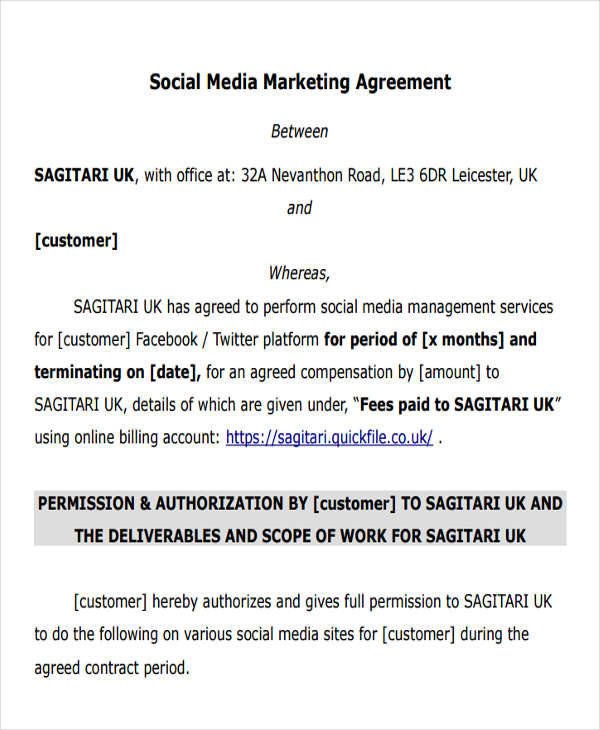 Social Media Marketing Contract 10 Marketing Agreements Free Sample Example format