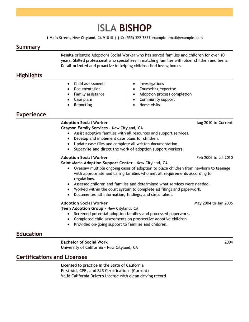 Social Worker Resume Templates Best Adoptions social Worker Resume Example
