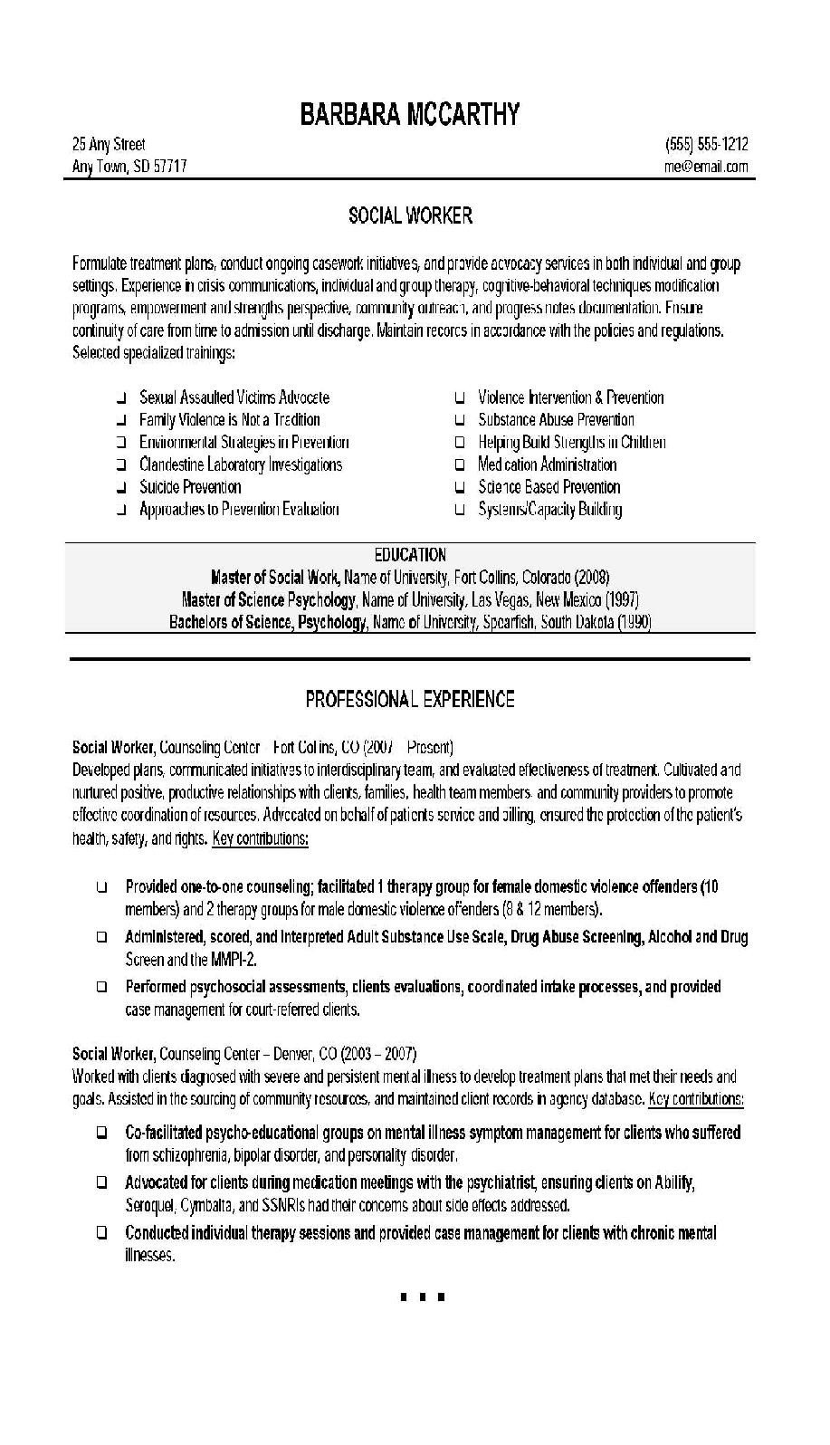 Social Worker Resume Templates social Work Resume Objective Statement