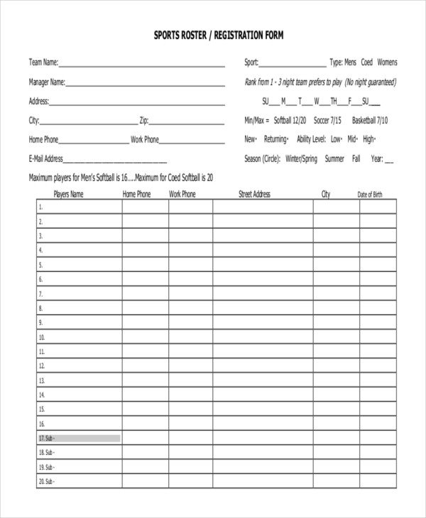 Softball Lineup Template Excel 21 Roster form Templates 0 Freesample Example format