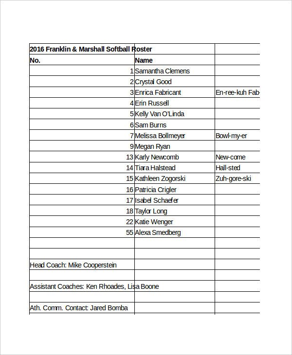 Softball Lineup Template Excel Excel Roster Template 5 Free Excel Documents Download