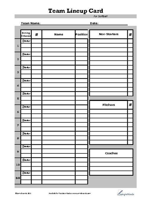 Softball Lineup Template Excel softball Lineup Card