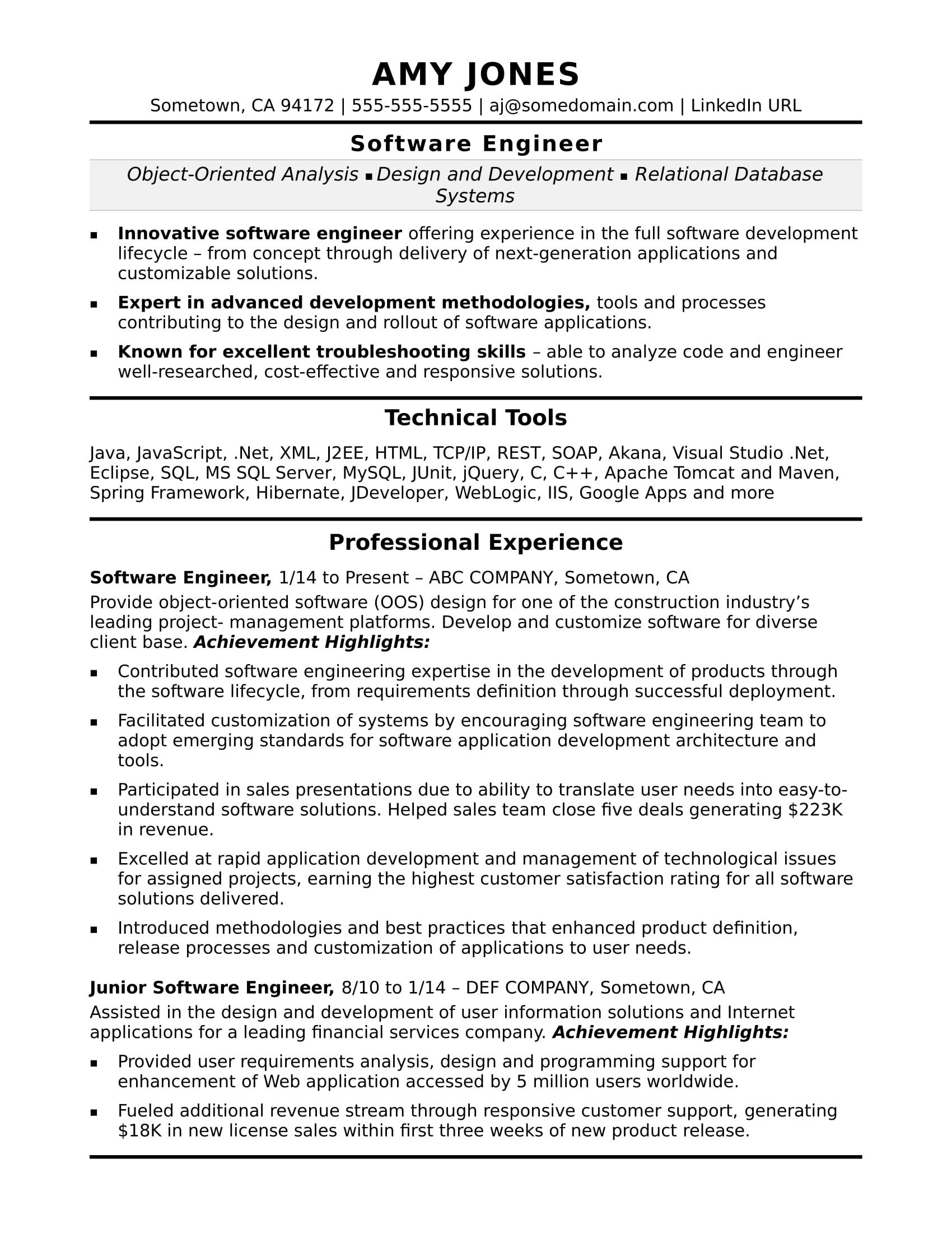 Software Engineering Resume Template Midlevel software Engineer Sample Resume