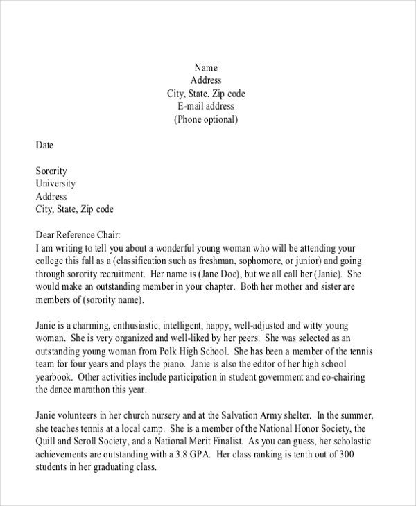 Sorority Recommendation Letter Template 7 Sample sorority Re Mendation Letters Pdf Doc