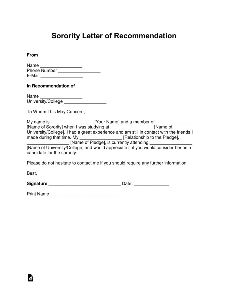 Sorority Recommendation Letter Template Free sorority Re Mendation Letter Template with