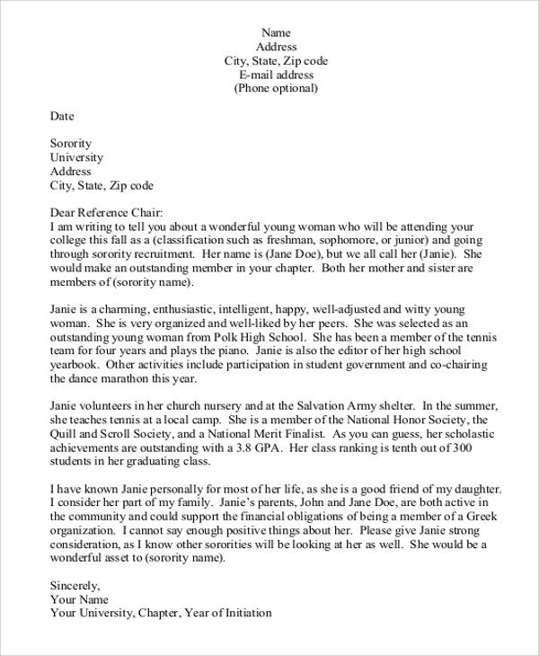 Sorority Recommendation Letter Template Sample Letter Of Re Mendation 7 Examples In Word Pdf