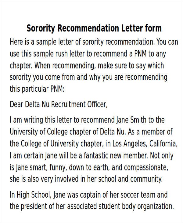 Sorority Recommendation Letter Template Sample sorority Re Mendation Letter 6 Examples In