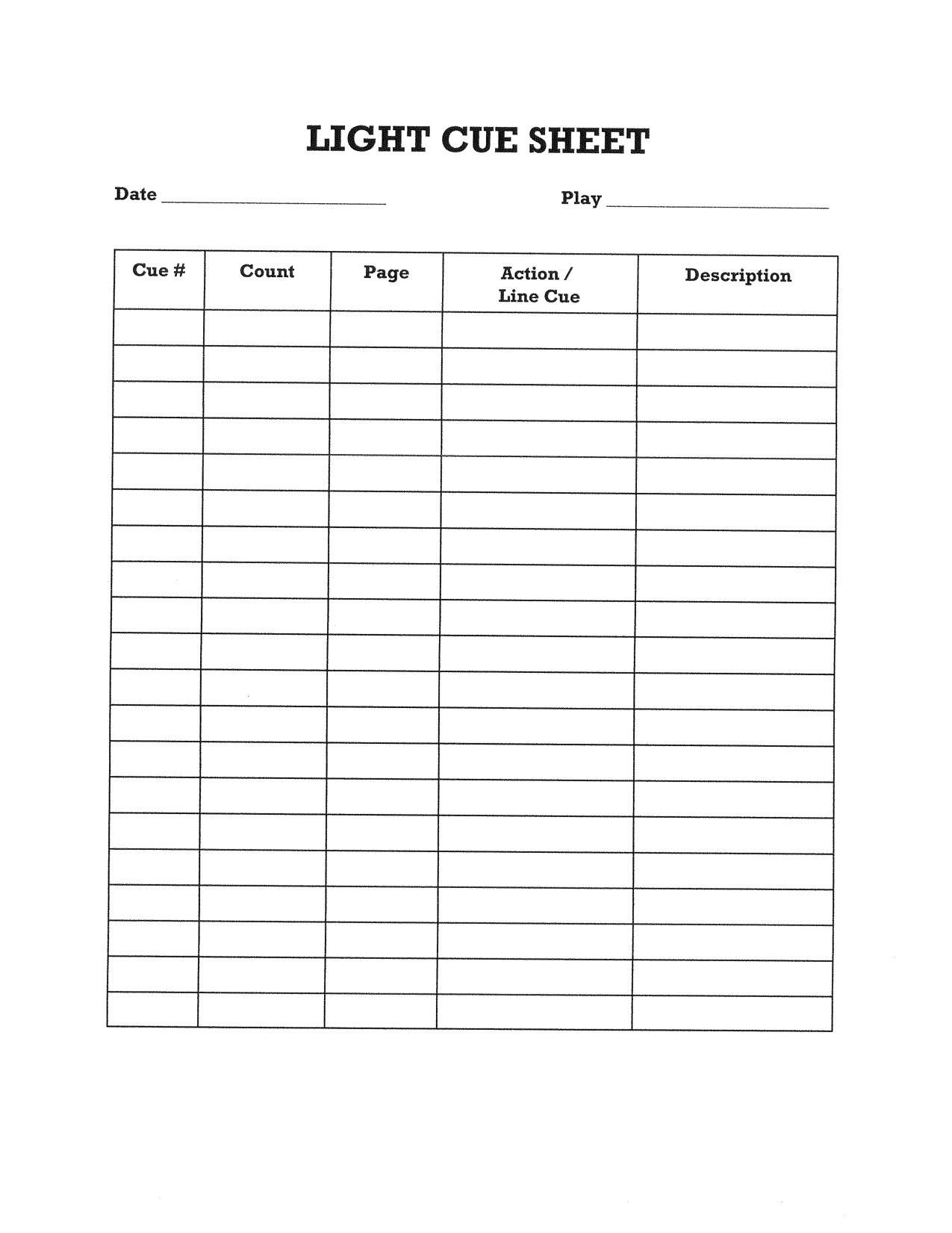 Sound Cue Sheet Template Simple Lighting Cue Sheet for Students