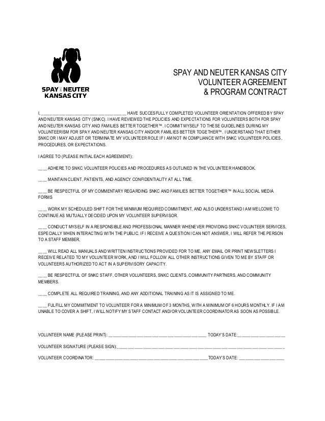 Spay and Neuter Contract Template Volunteer Agreement and Program Contract