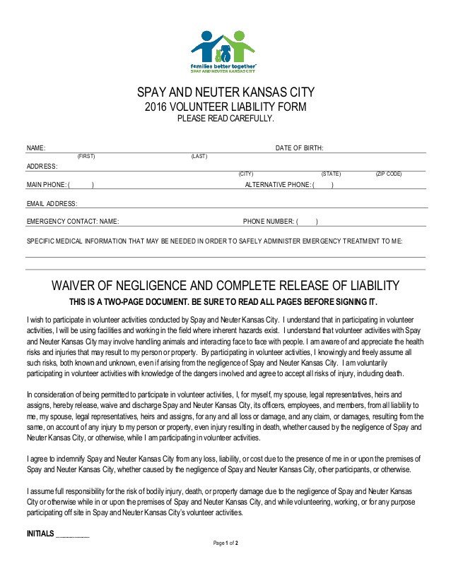 Spay and Neuter Contract Template Volunteer Liability form