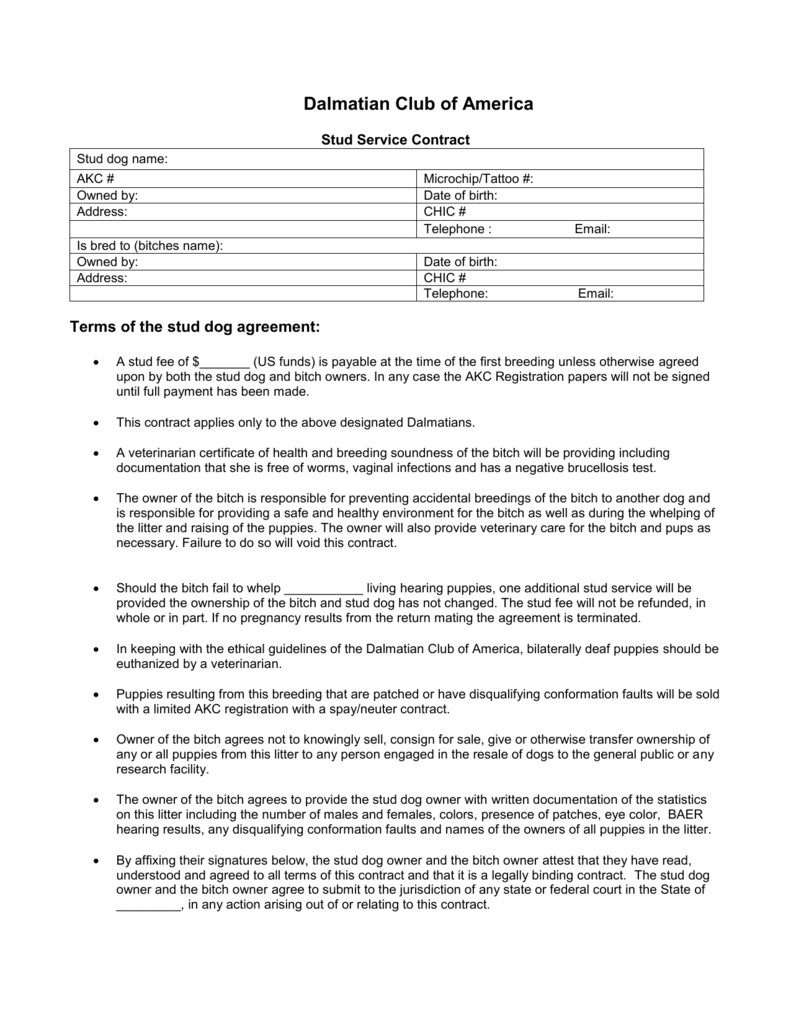 Spay and Neuter Contract Template Word Dalmatian Club America