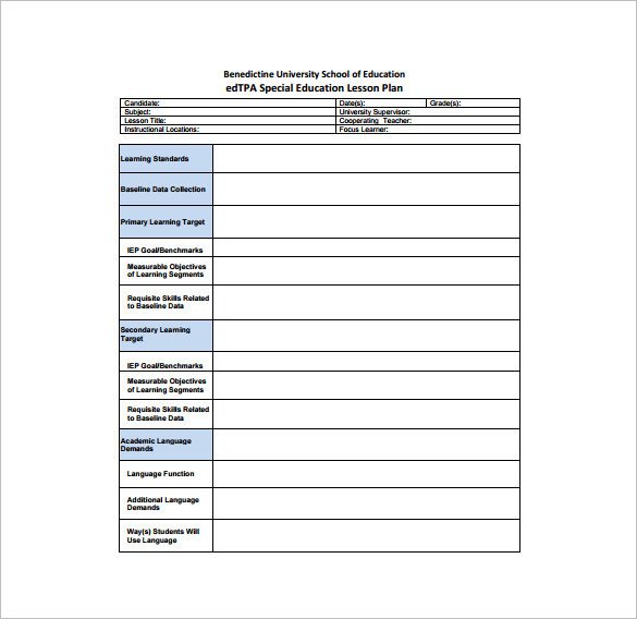 Special Ed Lesson Plan Templates Teacher Lesson Plan Template 8 Free Sample Example
