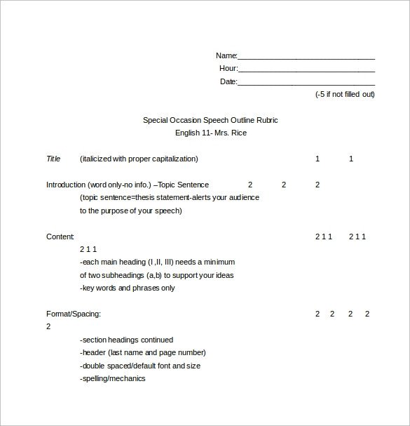 Special Occasion Speech Outlines Sample Speech Outline Template 9 Free Documents