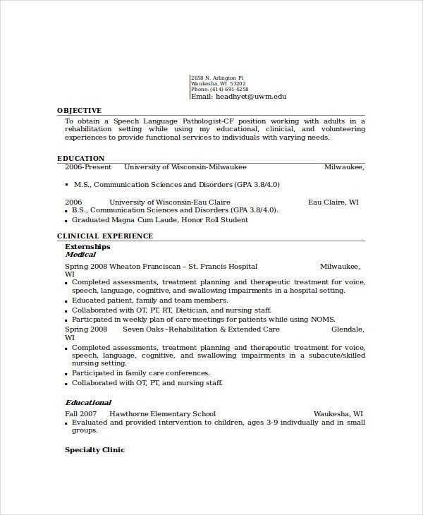 Speech Language Pathologist Resumes 6 Pathologist Resume Templates Pdf Doc