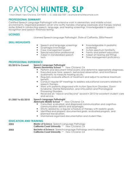 Speech Language Pathologist Resumes Best Speech Language Pathologist Resume Example