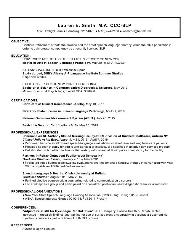 Speech Language Pathologist Resumes Lauren E Smith Ccc Slp Resume
