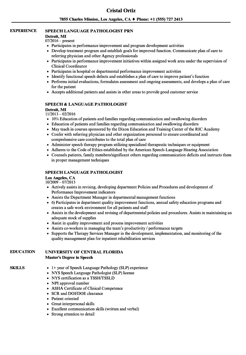 Speech Language Pathologist Resumes Speech Language Pathologist Resume Samples