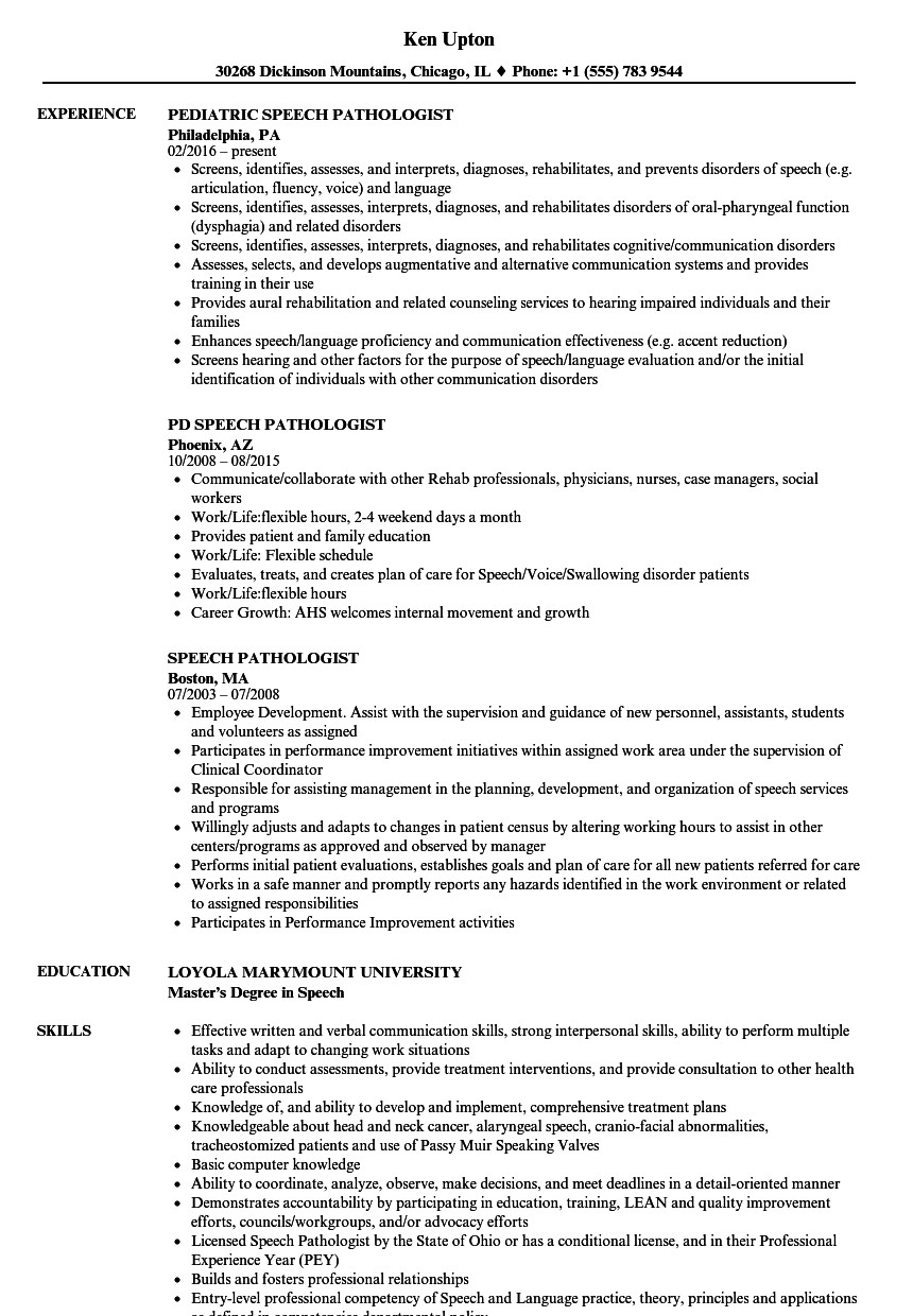 Speech Language Pathologist Resumes Speech Pathologist Resume Samples