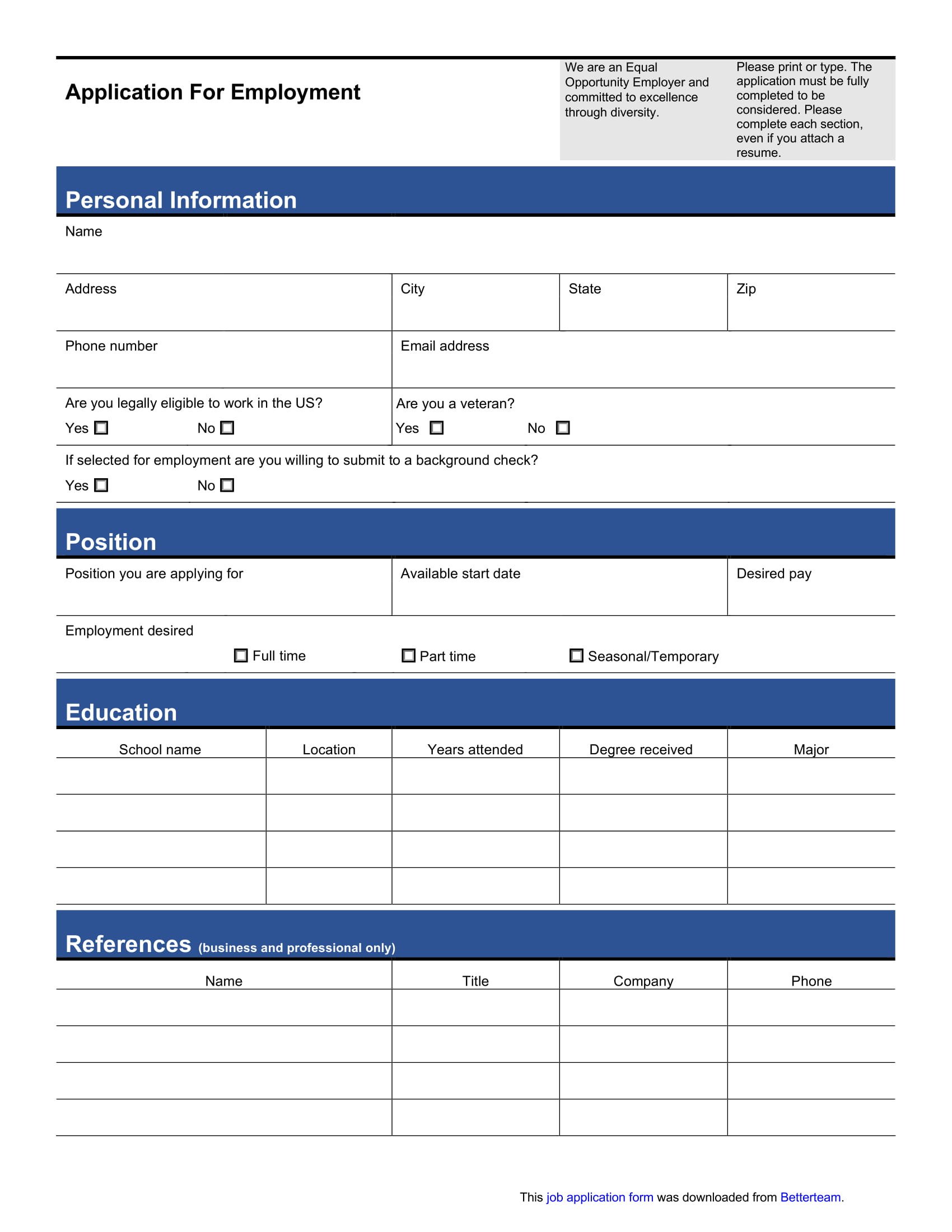 Standard Job Application Template Application form Sample
