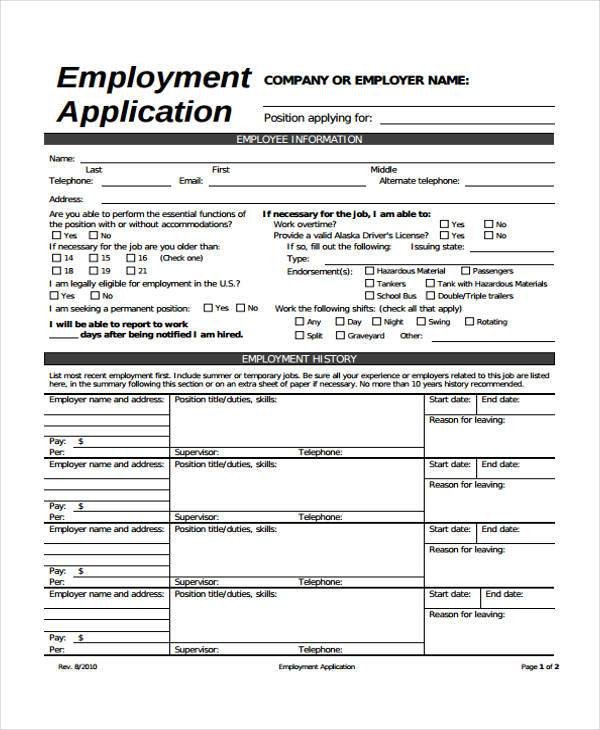 Standard Job Application Template Employment form Templates