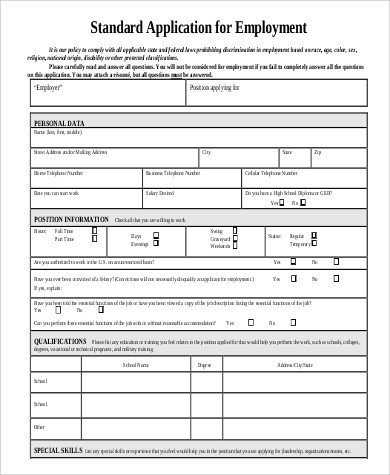 Standard Job Application Template Printable Application for Employment Sample 9 Examples