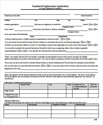Standard Job Application Template Printable Employment Application Sample 8 Examples In