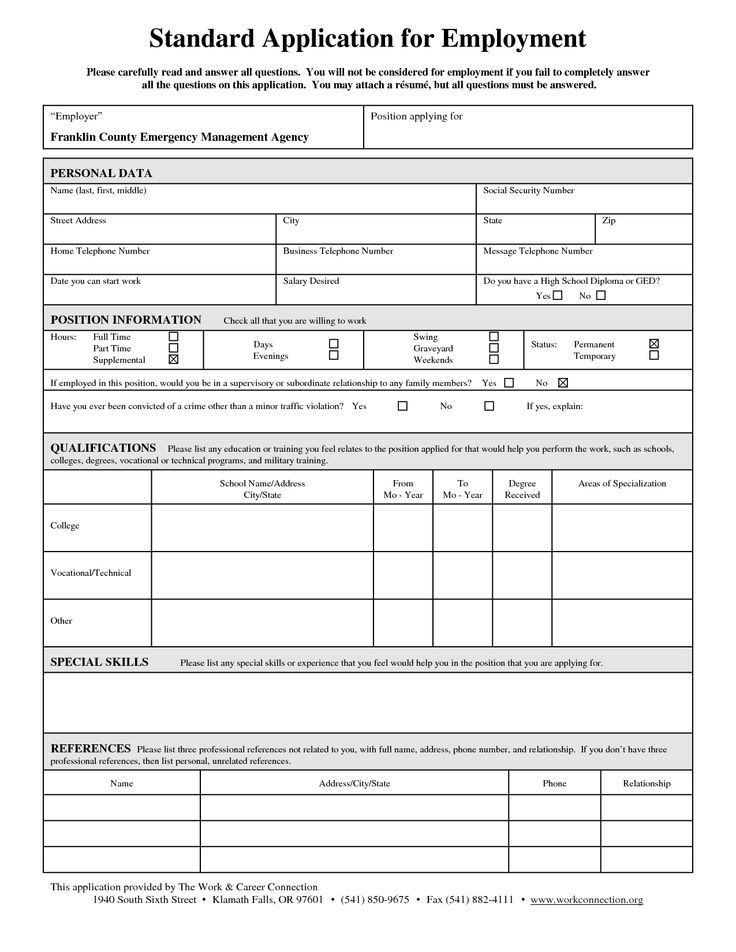 Standard Job Application Template Standard Job Application form