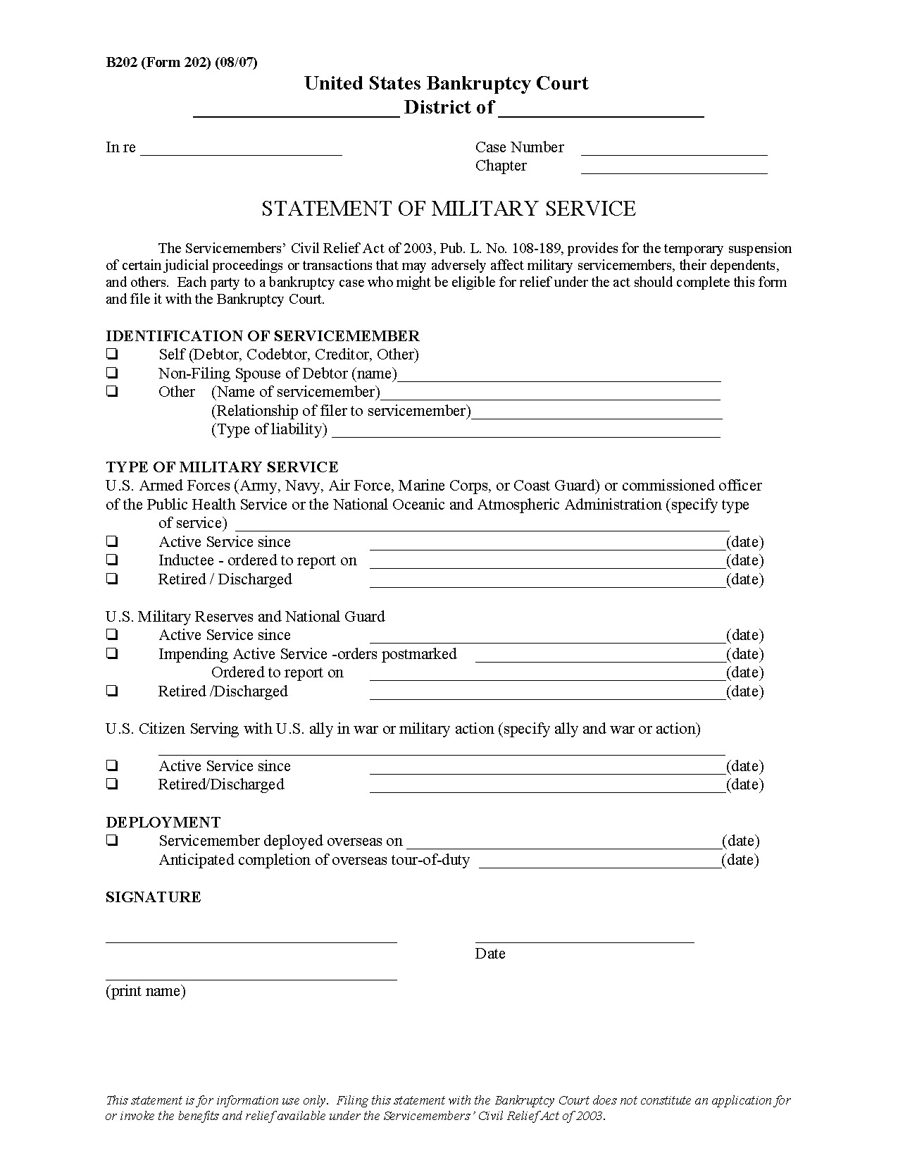 Statement Of Service Army Example form B 202 Statement Of Military Service 08 07