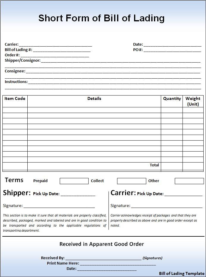Straight Bill Of Lading Template 7 Bill Of Lading Templates