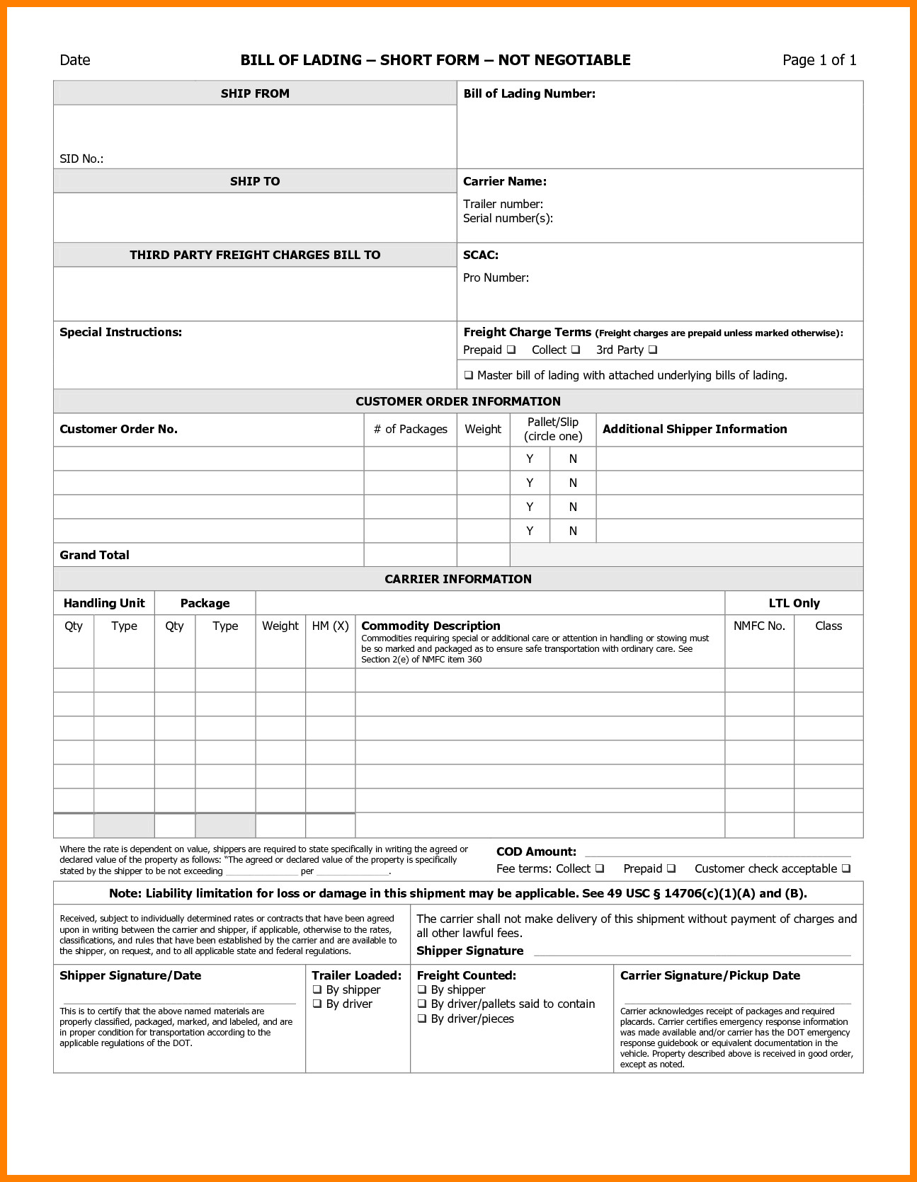Straight Bill Of Lading Template 8 Straight Bill Of Lading Short form Template