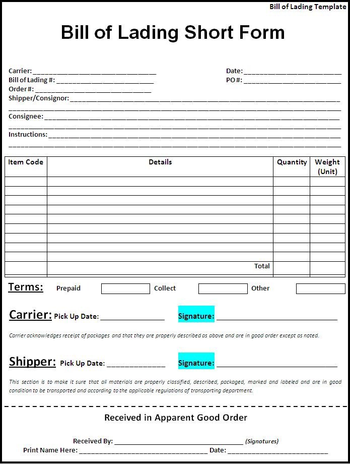 Straight Bill Of Lading Template Bill Lading Template